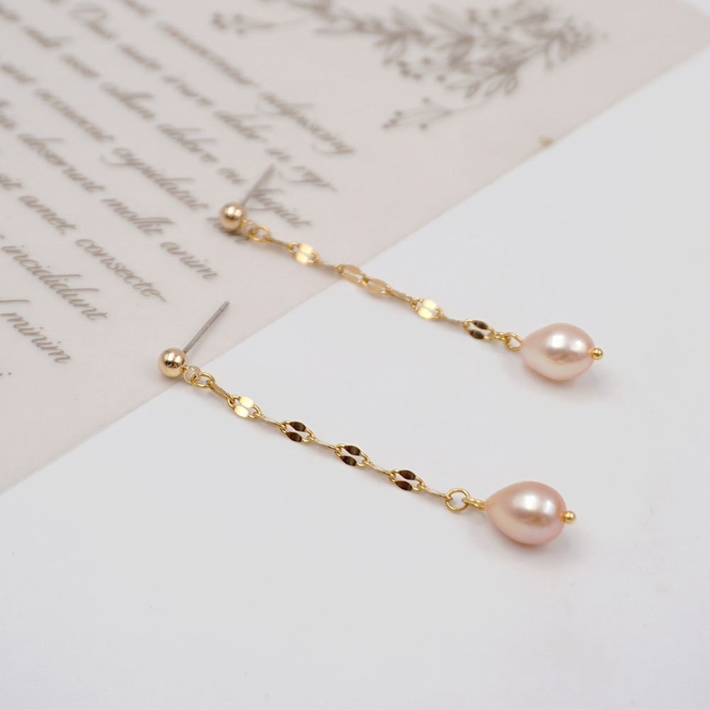 Pink Freshwater Pearl Drop Earrings 304 Stainless Steel Gold Chain Dangle Womens